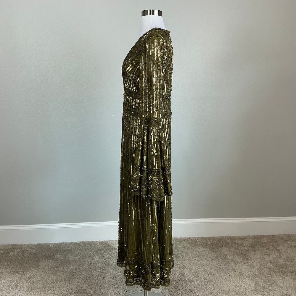 Mac Duggal 5591 Green Cocktail Dress Sequined Long Sleeve A-Line Midi Size 10 - Picture 6 of 13